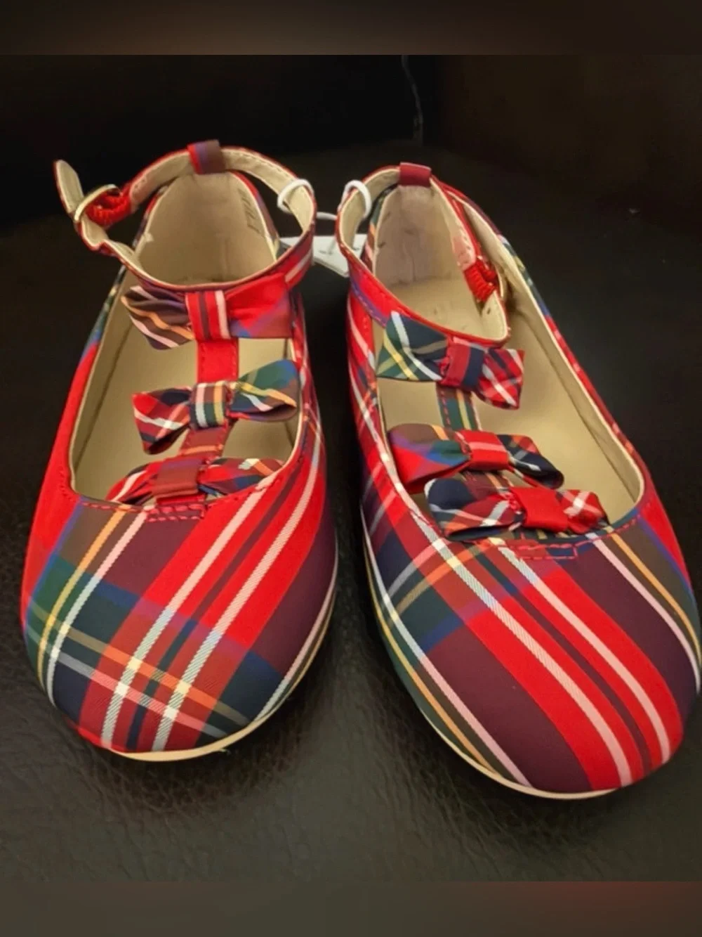 Janie and Jack Red Multicolor Plaid Bow Mary Jane Shoes